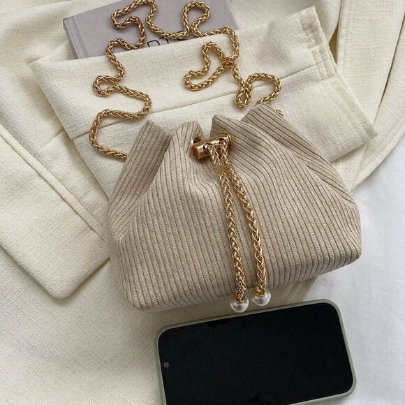 Khaki Fashionable Women's Chain & Faux Pearl Decor Bucket Bag Polyester - Picture 3 of 6